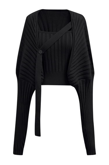 Side Button Ribbed Two-Piece Crop Knit Top in Black