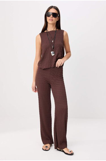 Dark Brown Textured Blouse-Pants Knitted Bottom-Top Set