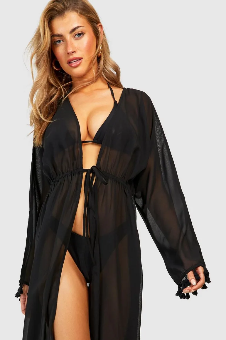 Tassel Trim Tie Beach Kimono - black - 2