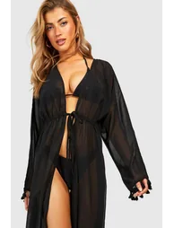 Tassel Trim Tie Beach Kimono - black - 2
