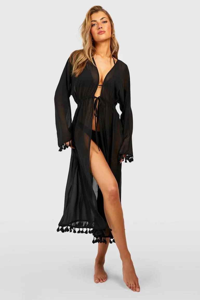 Tassel Trim Tie Beach Kimono - black