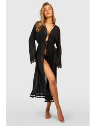 Tassel Trim Tie Beach Kimono - black