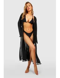 Tassel Trim Tie Beach Kimono - black - 1