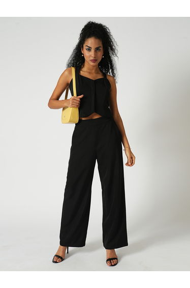 Women Black Cross Strap Back Crop Top and Trousers Co-Ords