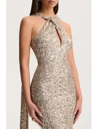 فستان ماكسي بياقة هالتر مزين بالترتر - ذهبي - 4