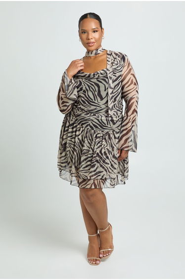 Plus Zebra High Neck Drop Skirt Skater - ecru