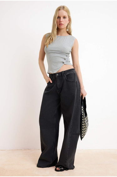 Gray Melange Fitted/Bodycon Boat Neck Buttoned Crop Soft Knitted Blouse