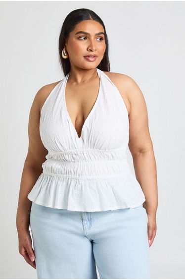 Plus Broidery Shirred Halterneck Top - white