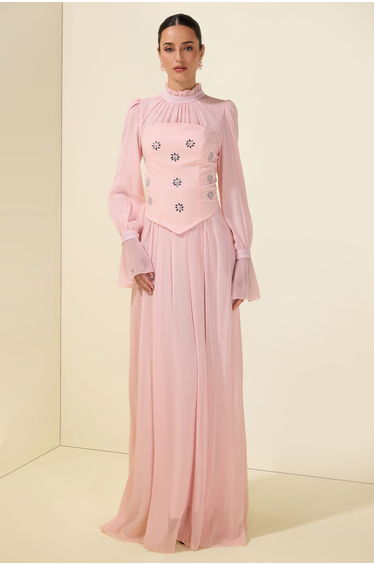 Stand Collar Puff Sleeve Removable Corset Midi Dress