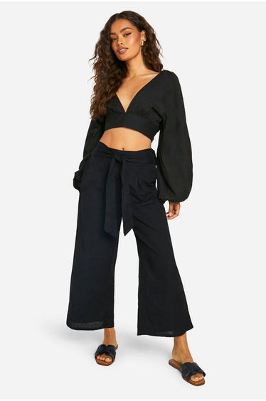 Linen Look Balloon Sleeve Crop & Wide Leg Trousers - black