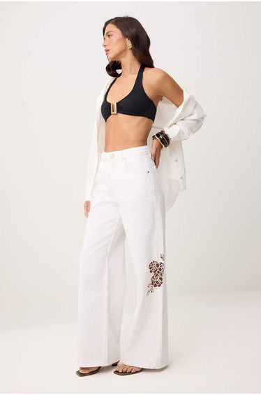 White Embroidered Detailed High Waist 100% Cotton Wide Leg Jeans