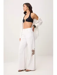 White Embroidered Detailed High Waist 100% Cotton Wide Leg Jeans