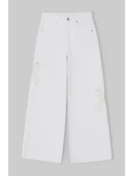 White Embroidered Detailed High Waist 100% Cotton Wide Leg Jeans - 6