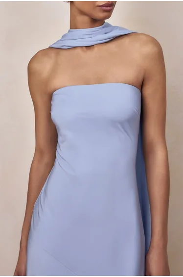 Charly | Powder Blue Satin Bandeau Maxi Dress With Scarf-Detail