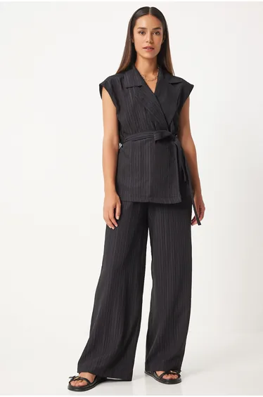 Women's Black Belted Vest Palazzo Knitted Suit