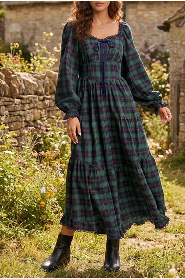 Lvness Green Vintage Plaid Square Neck Lace Trim Long Sleeve Shift Dress