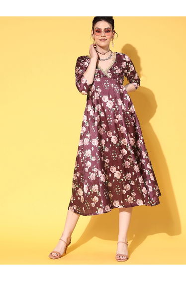 Floral Print V Neck Anarkali Dress