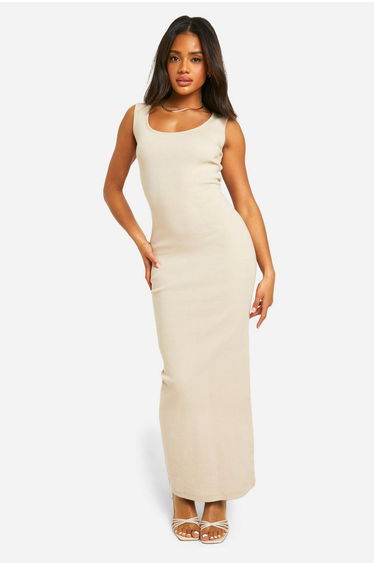 Basic Rib Scoop Maxi Dress - stone