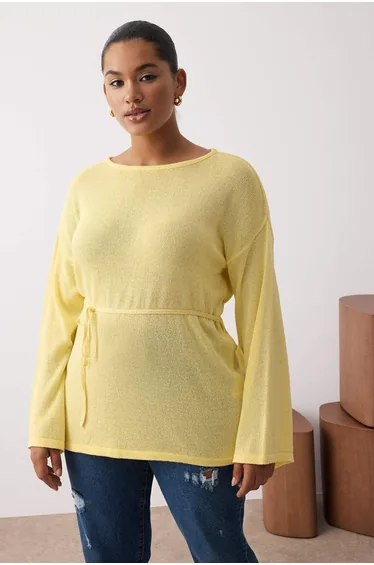 Yellow Boat Neck Belted Waist Thin Knit Sweater