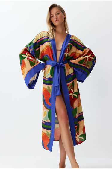 Abstract Pattern Belted Maxi Woven coverup