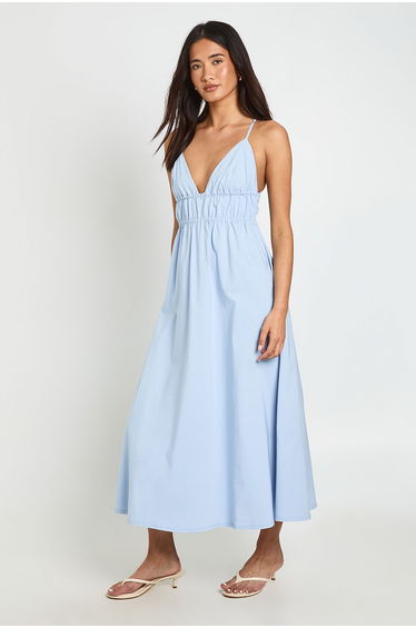 Bengaline Elasticated Waist Detail Cross Back Midaxi Dress - baby blue