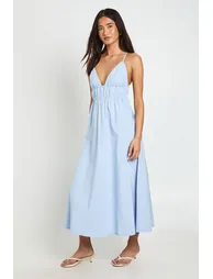 Bengaline Elasticated Waist Detail Cross Back Midaxi Dress - baby blue