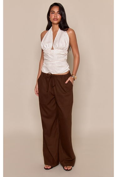 Cream Pinstripe Plunge Halterneck Top