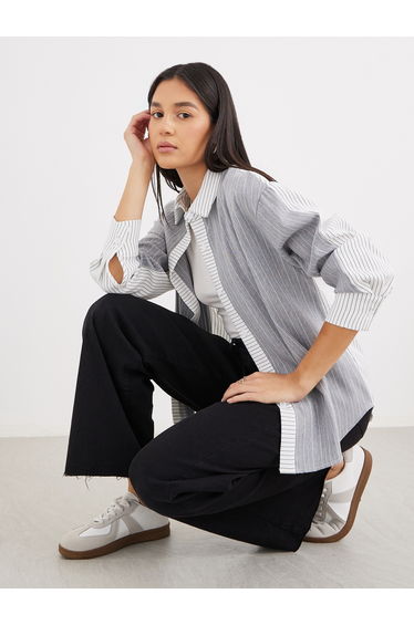 Striped Grey Shirt with Spread Collar