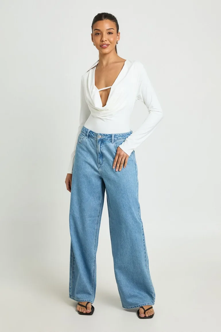Deep Cowl Long Sleeve Bodysuit - ivory