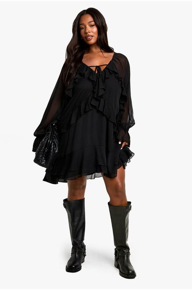 Plus Chiffon Ruffle Smock Dress - black