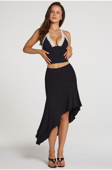 Modal Lace-Trim Halterneck Top in Black