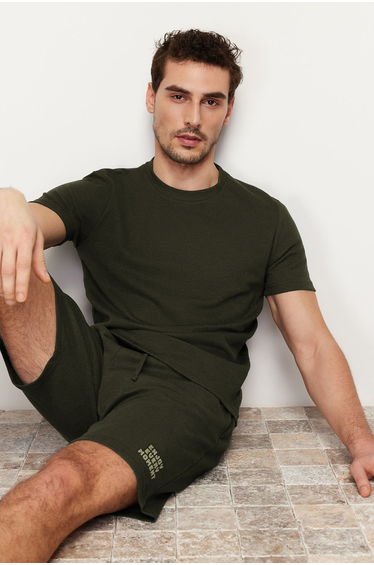 Khaki Regular Fit Waffle Knitted Shorts Pajama Set