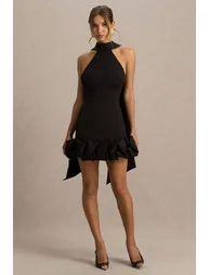 فستان قصير بياقة هالتر بحواف كشكش - أسود