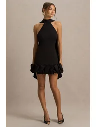 فستان قصير بياقة هالتر بحواف كشكش - أسود - 3