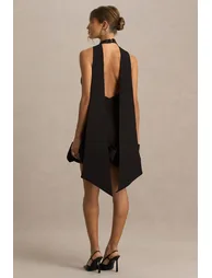 فستان قصير بياقة هالتر بحواف كشكش - أسود - 1