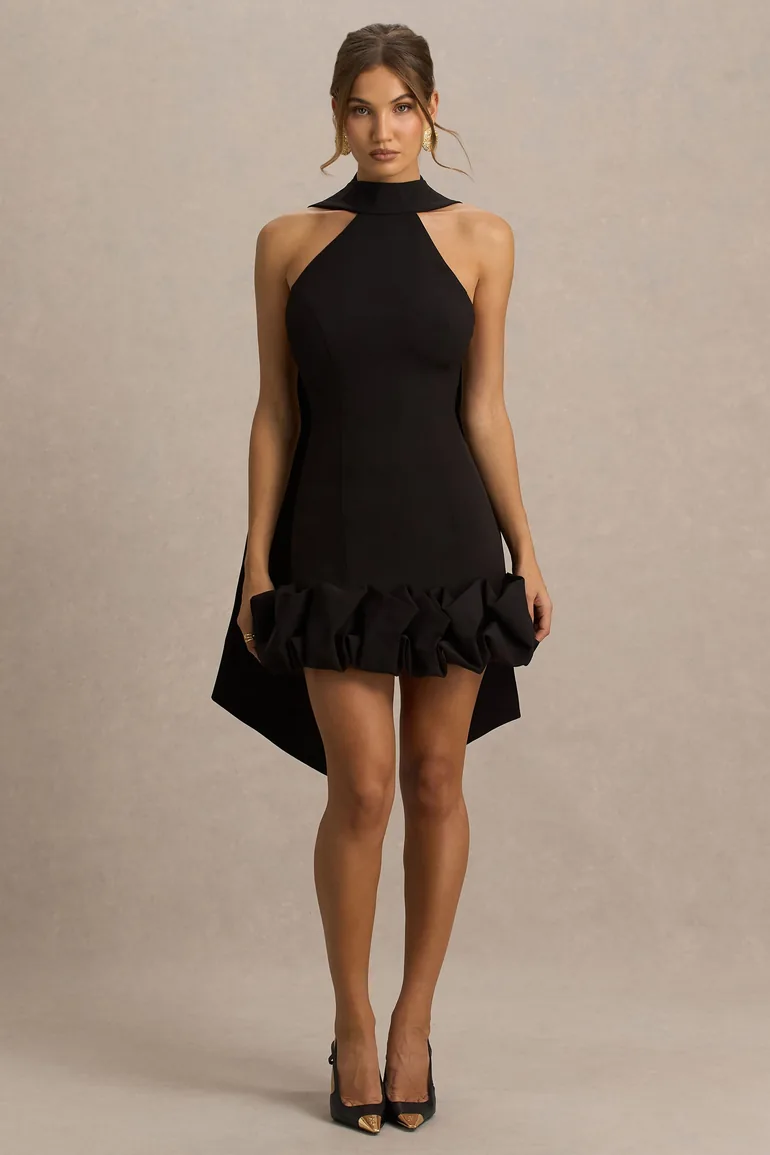 فستان قصير بياقة هالتر بحواف كشكش - أسود - 4