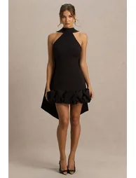 فستان قصير بياقة هالتر بحواف كشكش - أسود - 4
