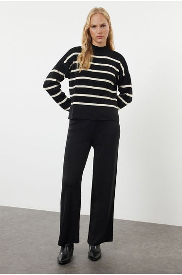 Black Striped Knitted Trousers Bottom-Top Set
