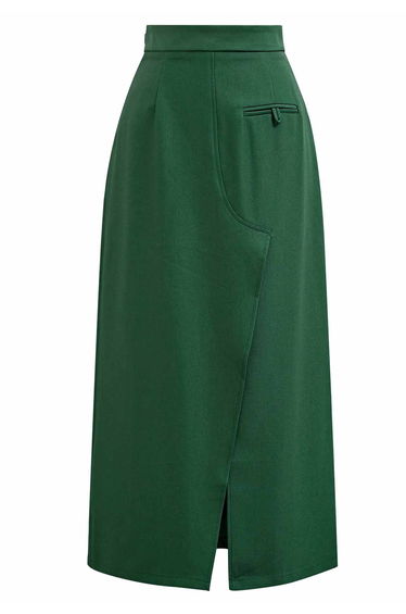 Welt Pocket Front Slit Skirt in Green
