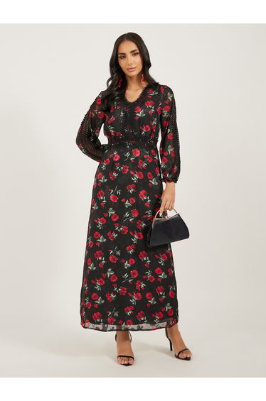 Floral Print Lace Detail A-Line Maxi Dress