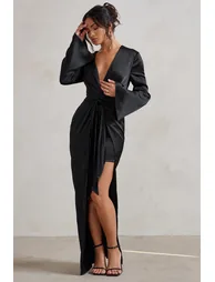 Patricia | Black Extreme Plunge Long Sleeve Maxi Dress With Tie Detail - 3
