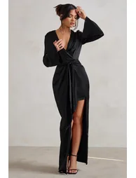 Patricia | Black Extreme Plunge Long Sleeve Maxi Dress With Tie Detail - 4