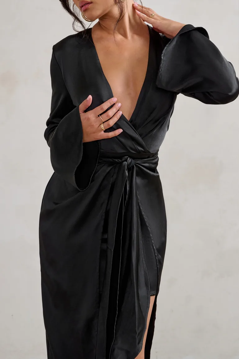 Patricia | Black Extreme Plunge Long Sleeve Maxi Dress With Tie Detail - 2
