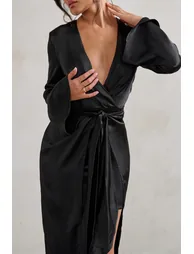 Patricia | Black Extreme Plunge Long Sleeve Maxi Dress With Tie Detail - 2
