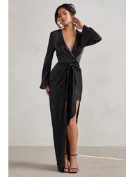 Patricia | Black Extreme Plunge Long Sleeve Maxi Dress With Tie Detail