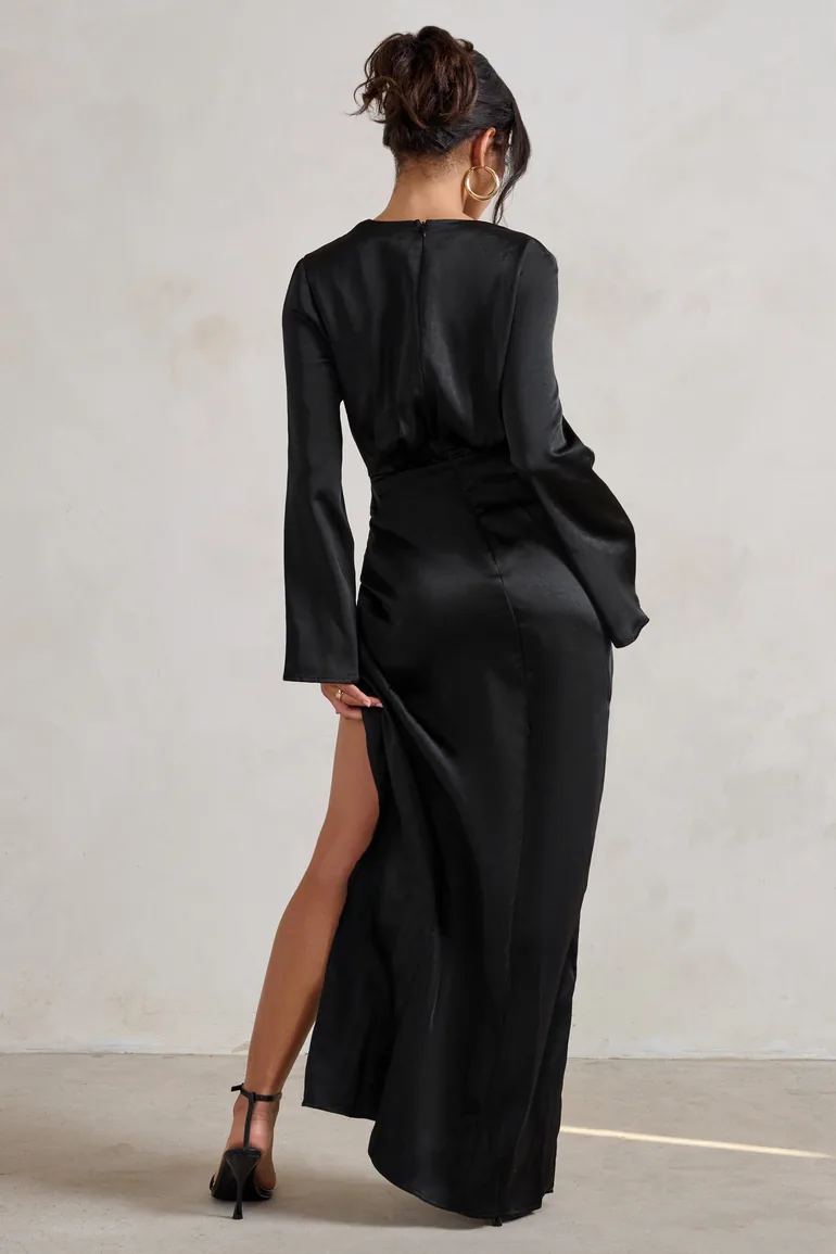 Patricia | Black Extreme Plunge Long Sleeve Maxi Dress With Tie Detail - 1