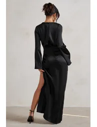 Patricia | Black Extreme Plunge Long Sleeve Maxi Dress With Tie Detail - 1
