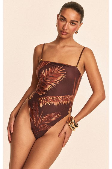 Chocolate Palm Print Reversible Backless Swimsuit