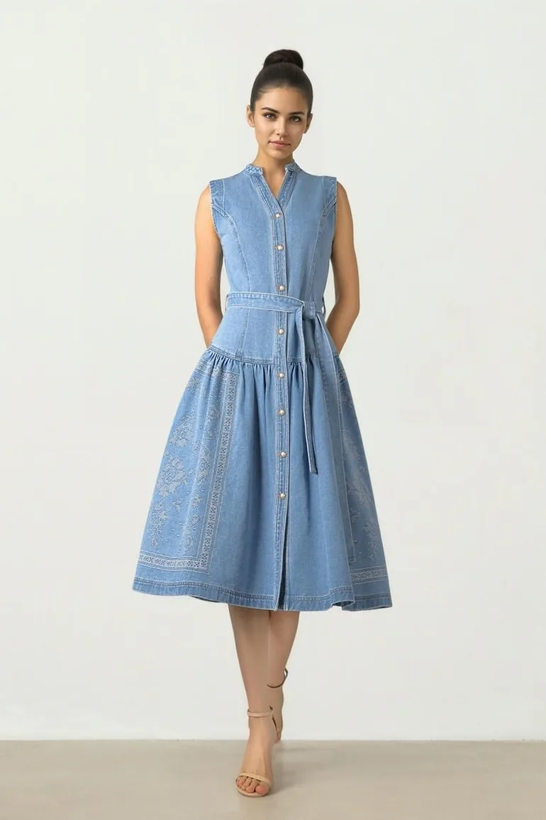 فستان فيمي9 قميص جينز أزرق ميدي على شكل حرف A