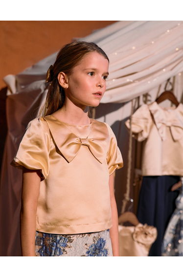 Short sleeve satin blouse with bow for girls golden